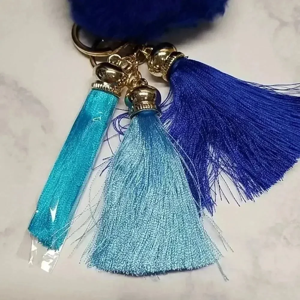 Multiple Colors Available - Fuzzy Fur Pom Pom Keychain Key with Tassels